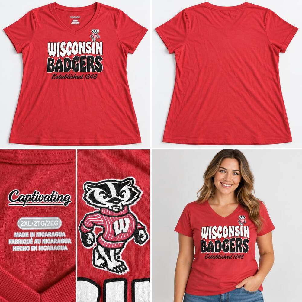 Captivating Wisconsin Badgers Short Sleeve V-Neck T-Shirt Size 2XL Red